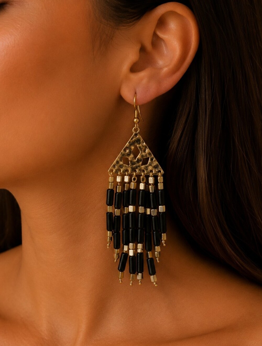 Plunder Gold and Black Beaded Fringe Earrings - Picture 2 of 2